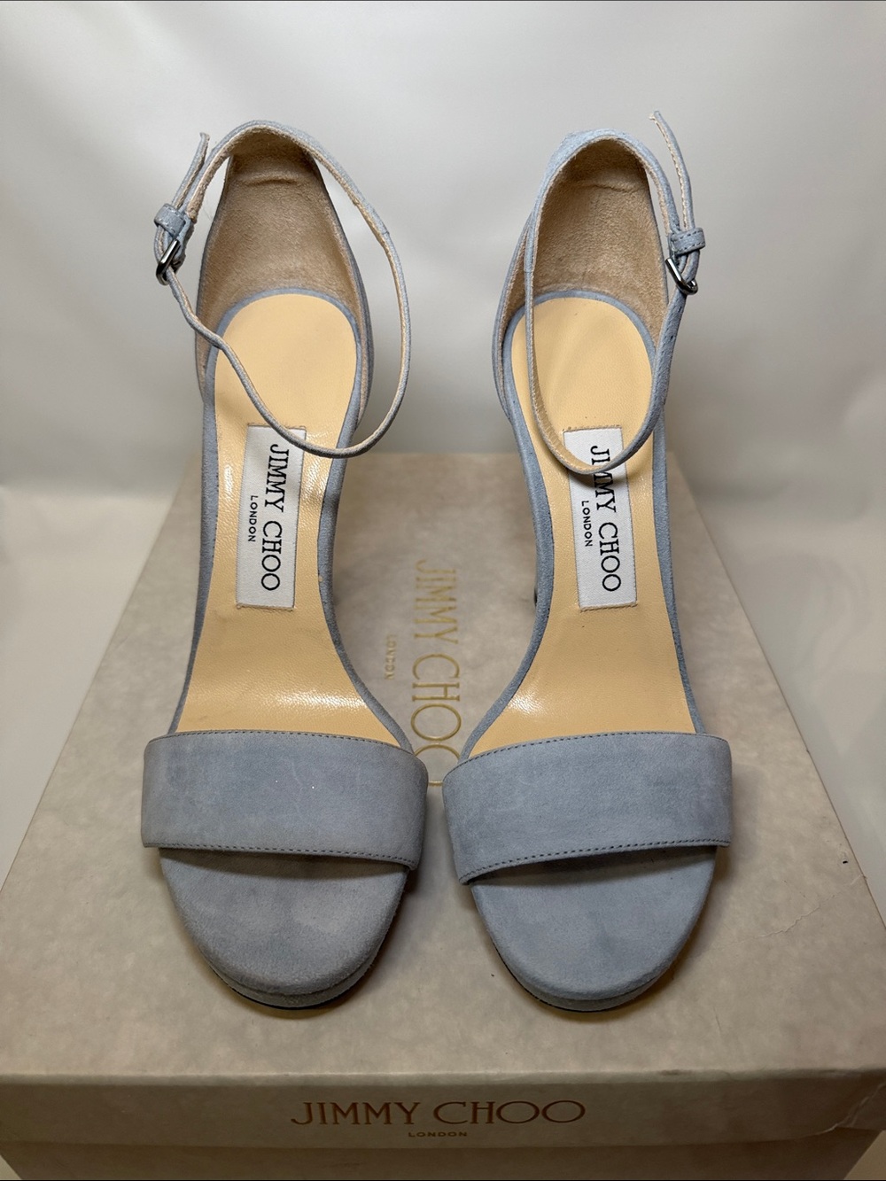 Jimmy Choo Misty 120 Aqua Suede Open-Toe Ankle-Strap Heels size 35.5